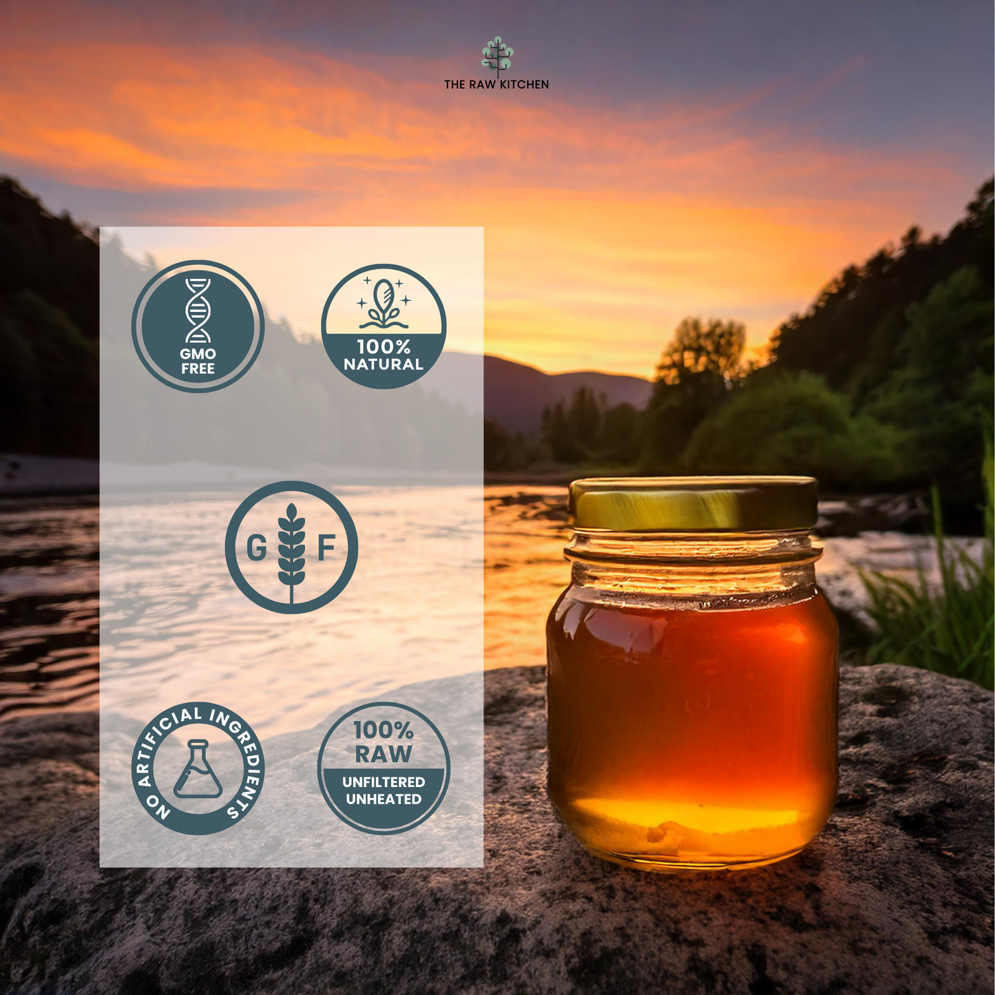 A jar of raw honey from The Raw Kitchen UK in a natural sunset setting, with trust badges showing it is GMO-Free, 100% Natural, and contains no artificial ingredients.