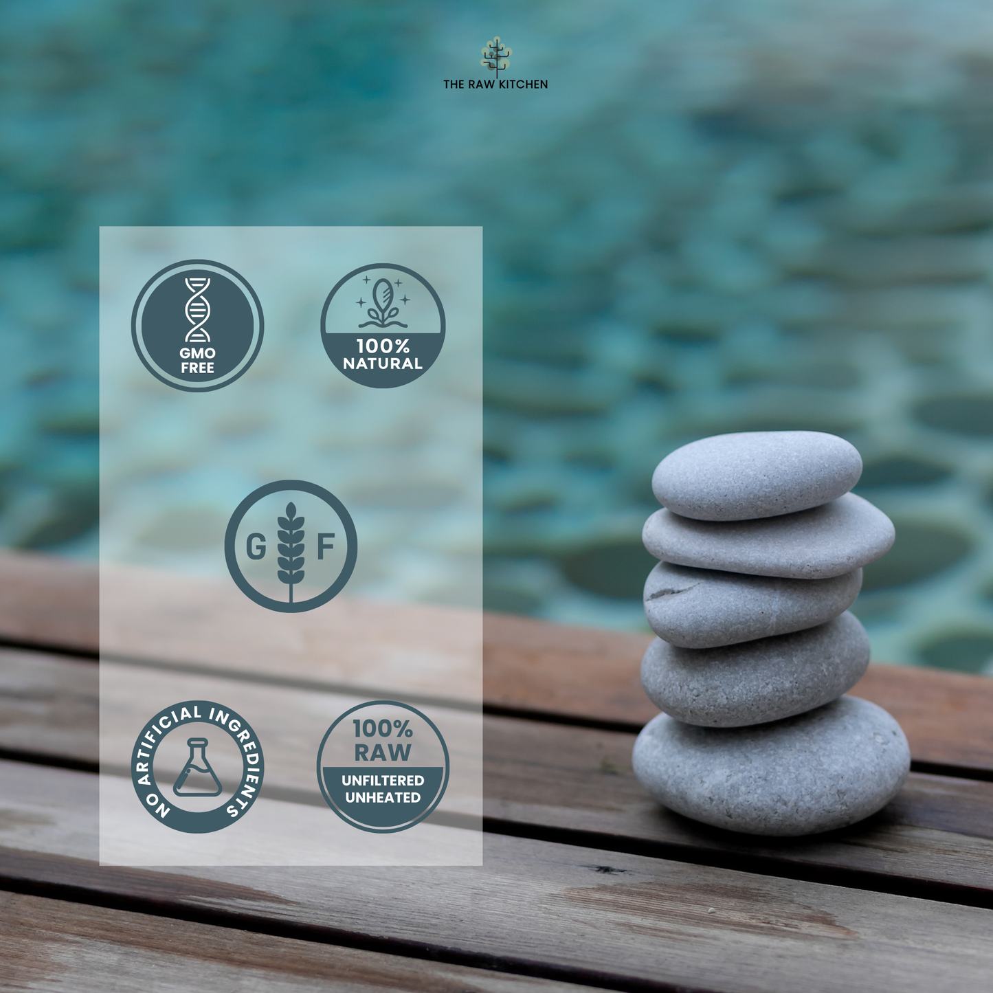 Trust badges for The Raw Kitchen UK's natural products, showing they are GMO-Free, 100% Natural, and contain No Artificial Ingredients, set against a calm, natural background.