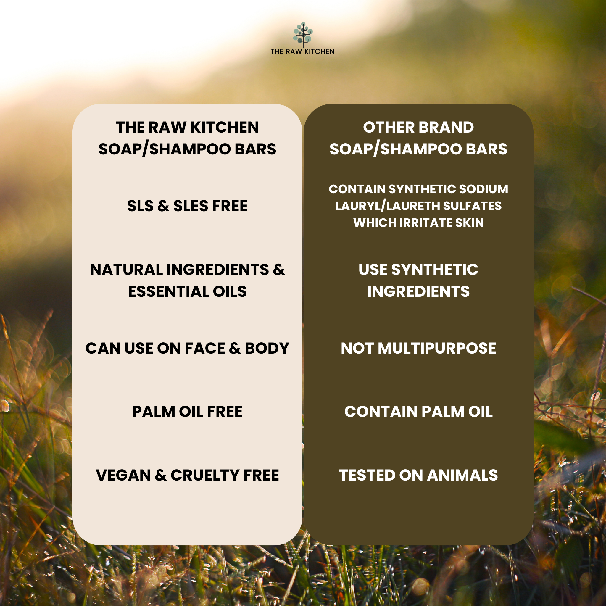 A comparison graphic showing the benefits of The Raw Kitchen UK's soap bars, such as being SLS, SLES, and palm oil-free, compared to other brands.