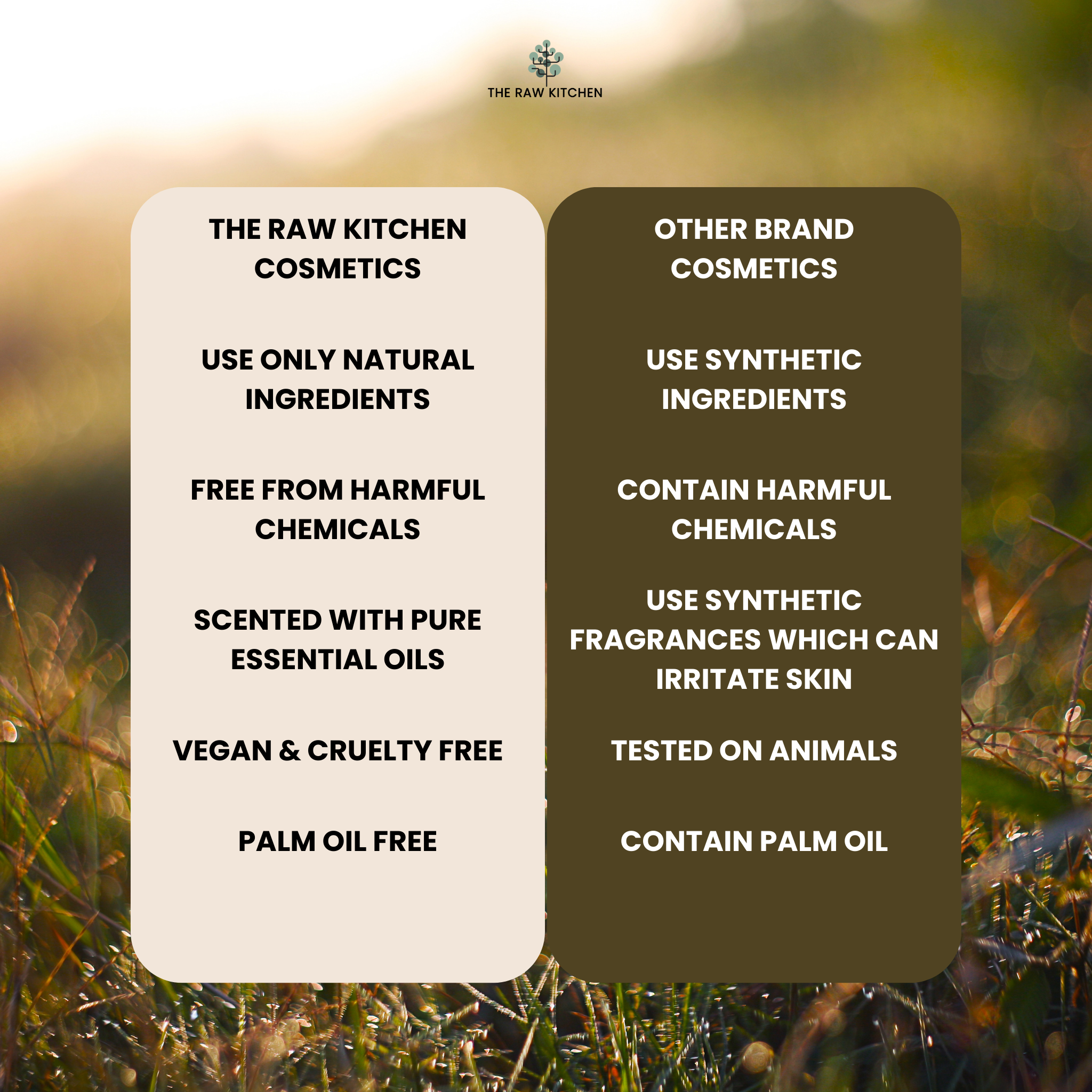 A comparison graphic highlighting the benefits of The Raw Kitchen UK's natural cosmetics, which are free from harmful chemicals, palm oil, and synthetic fragrances.