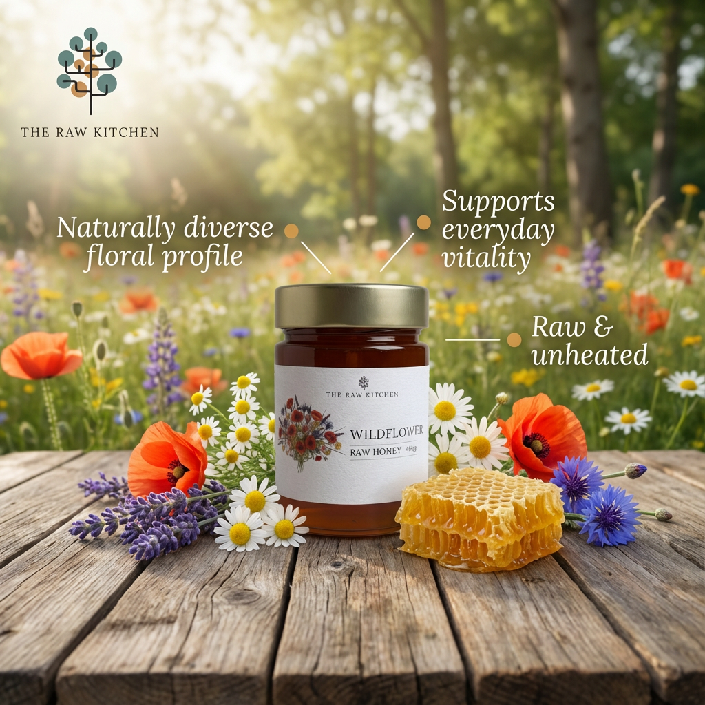 Jar of Wildflower honey from The Raw Kitchen on a wooden surface with flowers and honeycomb.