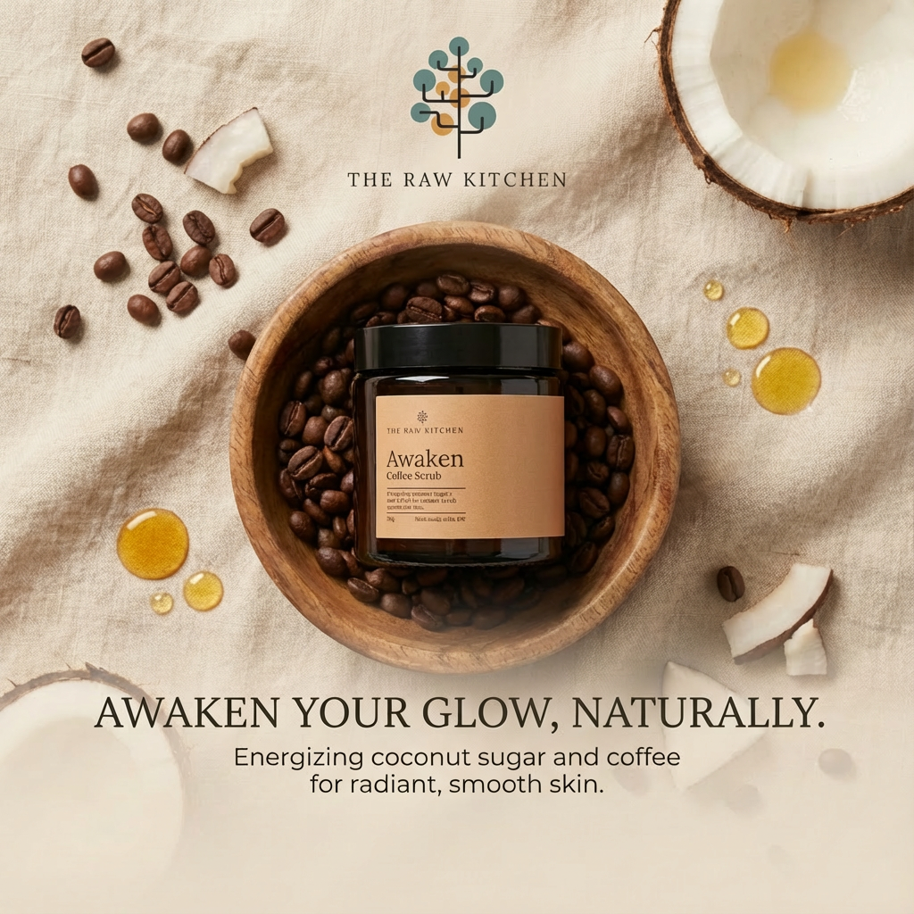 Product packaging with coffee beans and coconut pieces on a textured surface, featuring 'The Raw Kitchen' brand.