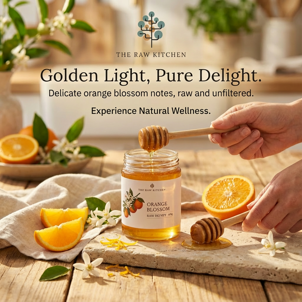 Honey jar with a wooden dipper, oranges, and flowers on a wooden surface with 'The Raw Kitchen' branding.