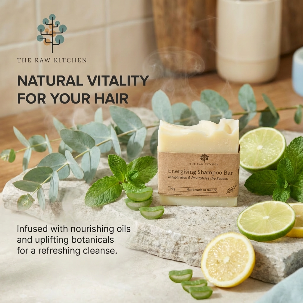 Eco-friendly shampoo bar with lemons, limes, and mint leaves on a stone surface with 'The Raw Kitchen' branding.