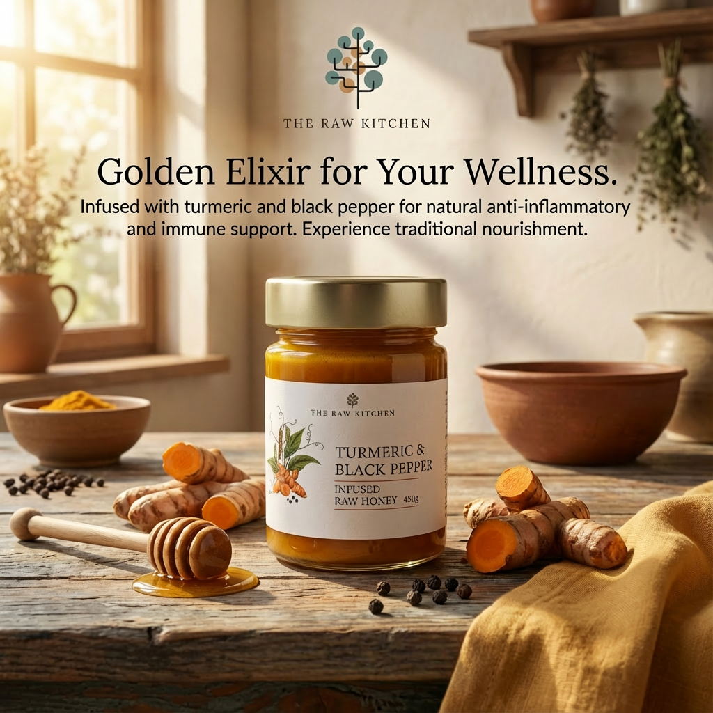 Jar of Turmeric & Black Pepper Infused Raw Honey on a wooden table with natural ingredients, 'The Raw Kitchen' branding visible.