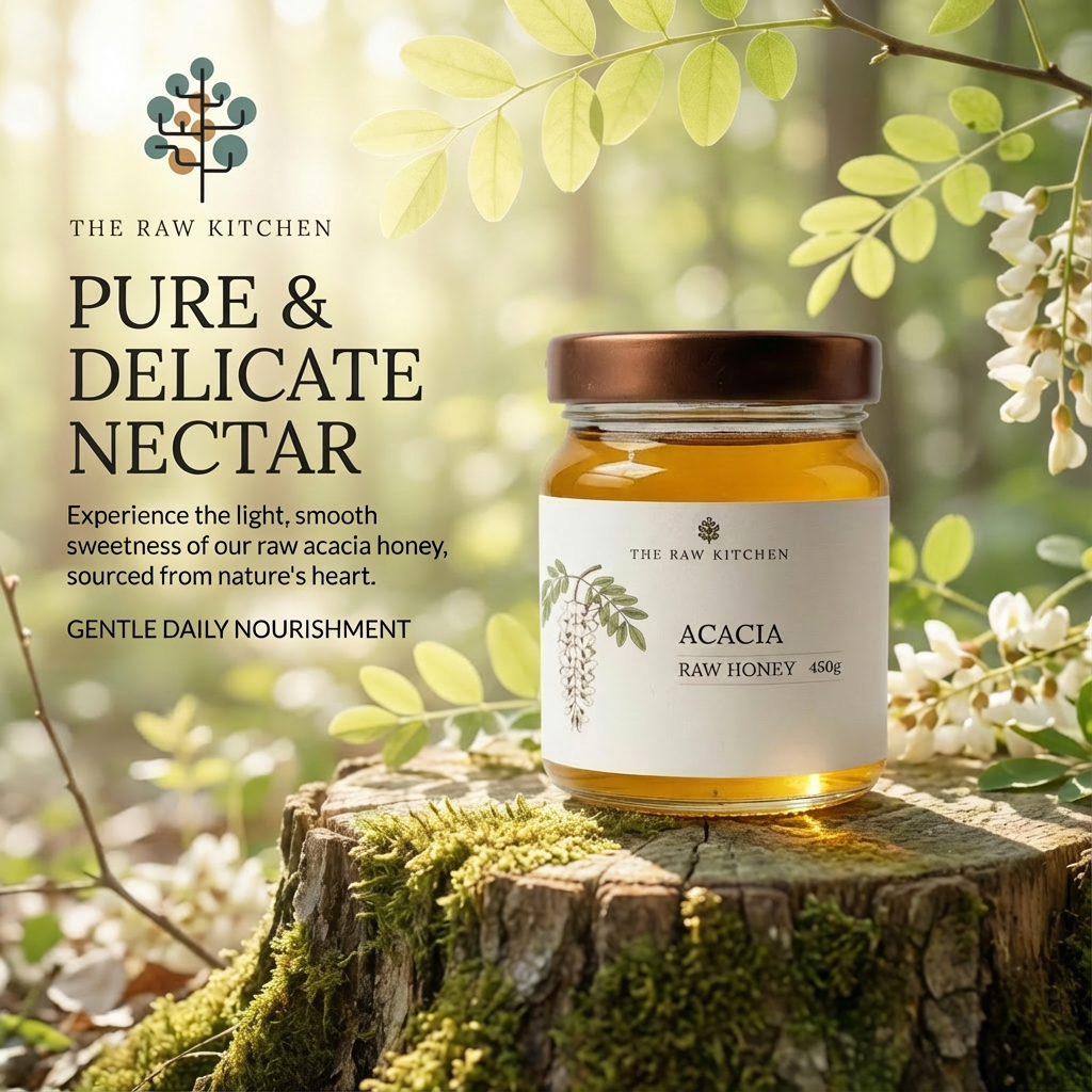 Jar of acacia raw honey on a wooden stump with greenery in the background, featuring 'The Raw Kitchen' branding.