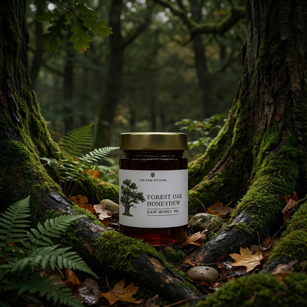 Jar of Forest Oak Honeydew honey in a forest setting