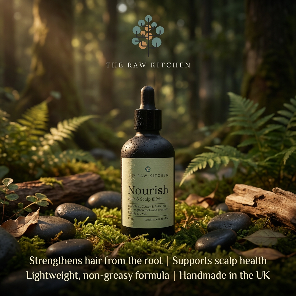Bottle of 'Nourish' hair and scalp elixir from 'The Raw Kitchen' in a forest setting.