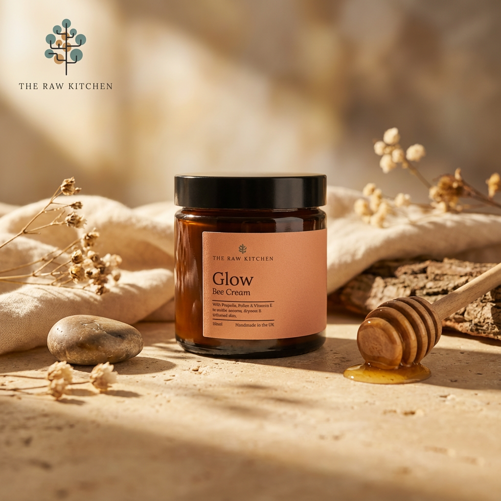 Jar of 'Glow' skin cream from The Raw Kitchen on a wooden surface with honey and flowers.