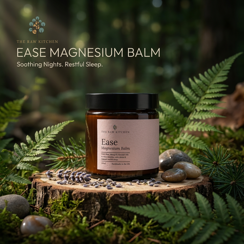 Ease Magnesium Balm jar on a wooden stump with nature background