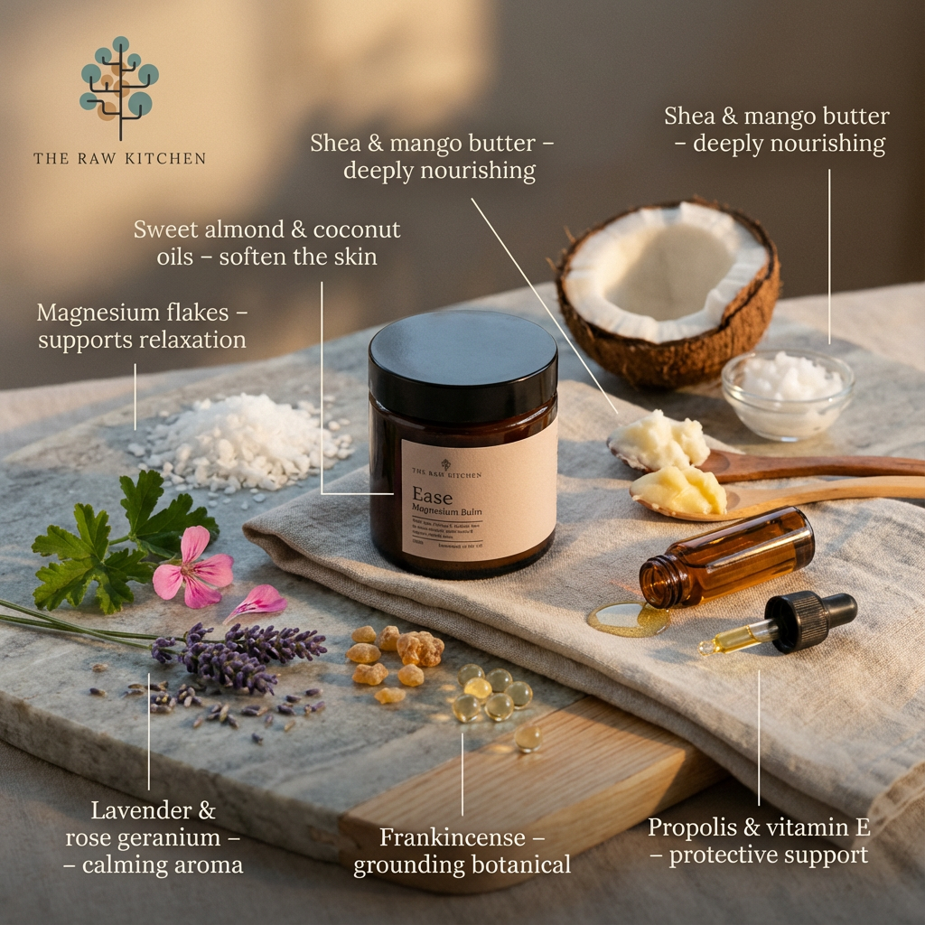 Cosmetic jar with ingredients and their benefits on a wooden surface