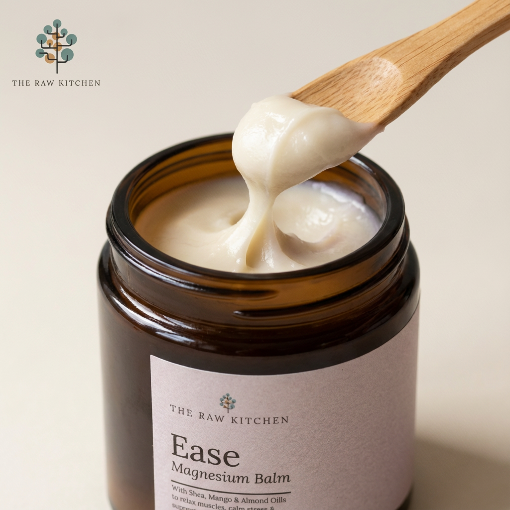 Jar of 'Ease Magnesium Balm' with a wooden spoon lifting some balm out, branded by 'The Raw Kitchen'.