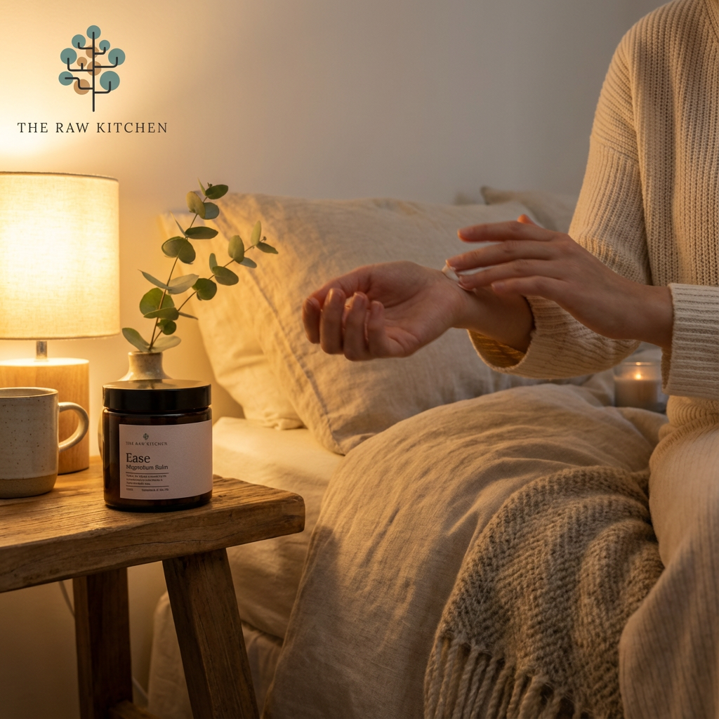 Person applying cream to hands in a cozy room with 'The Raw Kitchen' branding.