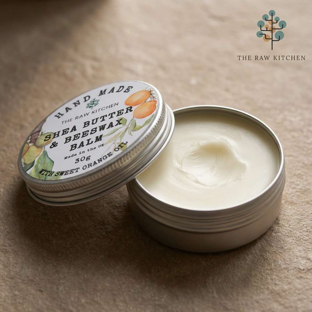 Open jar of shea butter and beeswax balm with visible cream inside, on a textured surface.