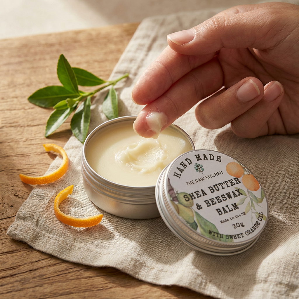 Handmade shea butter and beeswax balm with a hand applying the balm on a wooden surface.