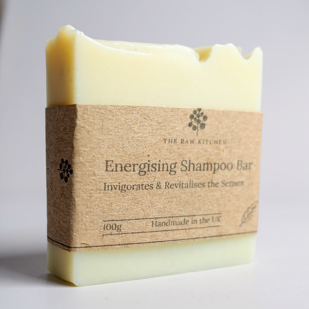 Energising Shampoo Bar with a brown label on a light gray background