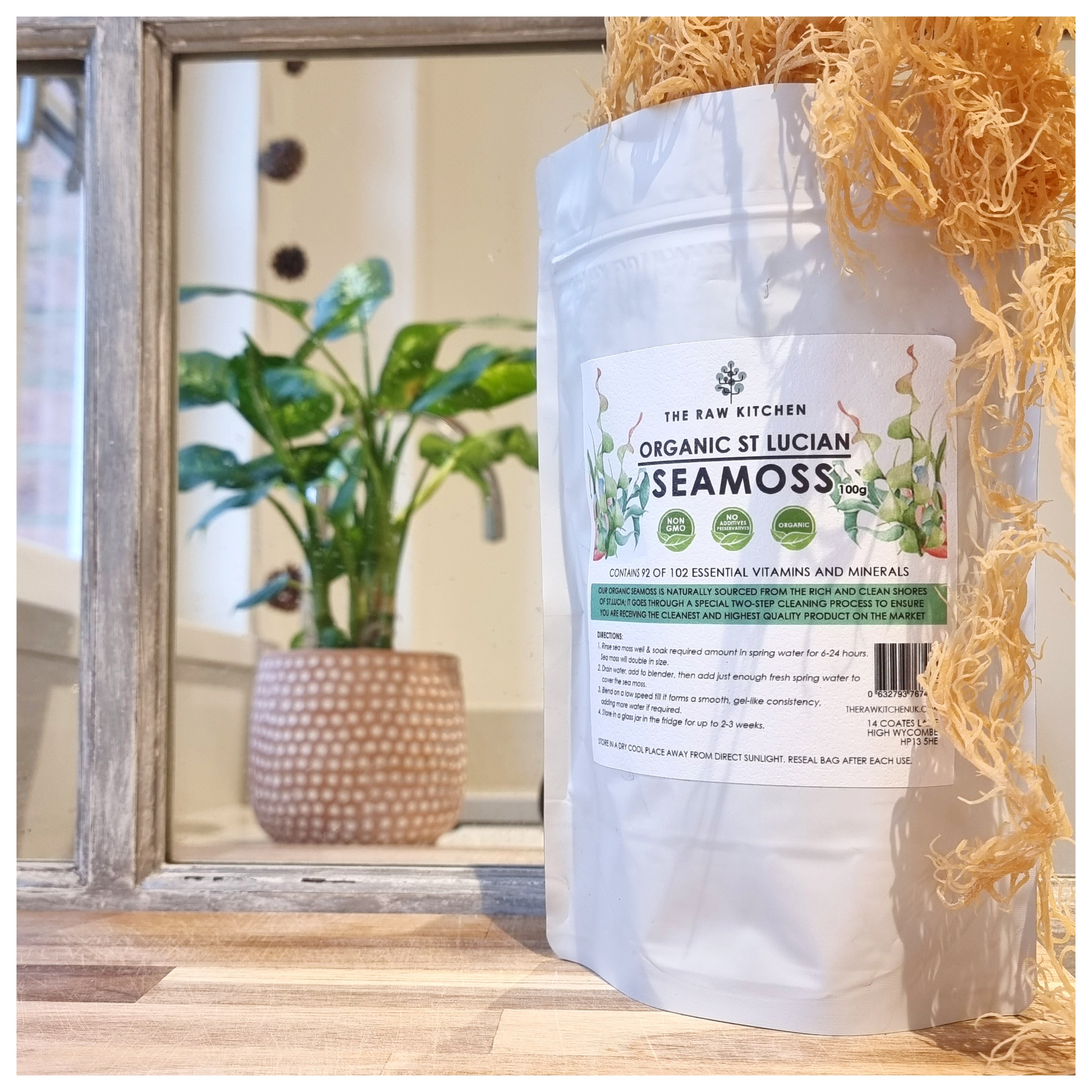 A lifestyle image showing a bag of raw Organic St Lucian Seamoss ready for preparation in a home kitchen - The Raw Kitchen UK.