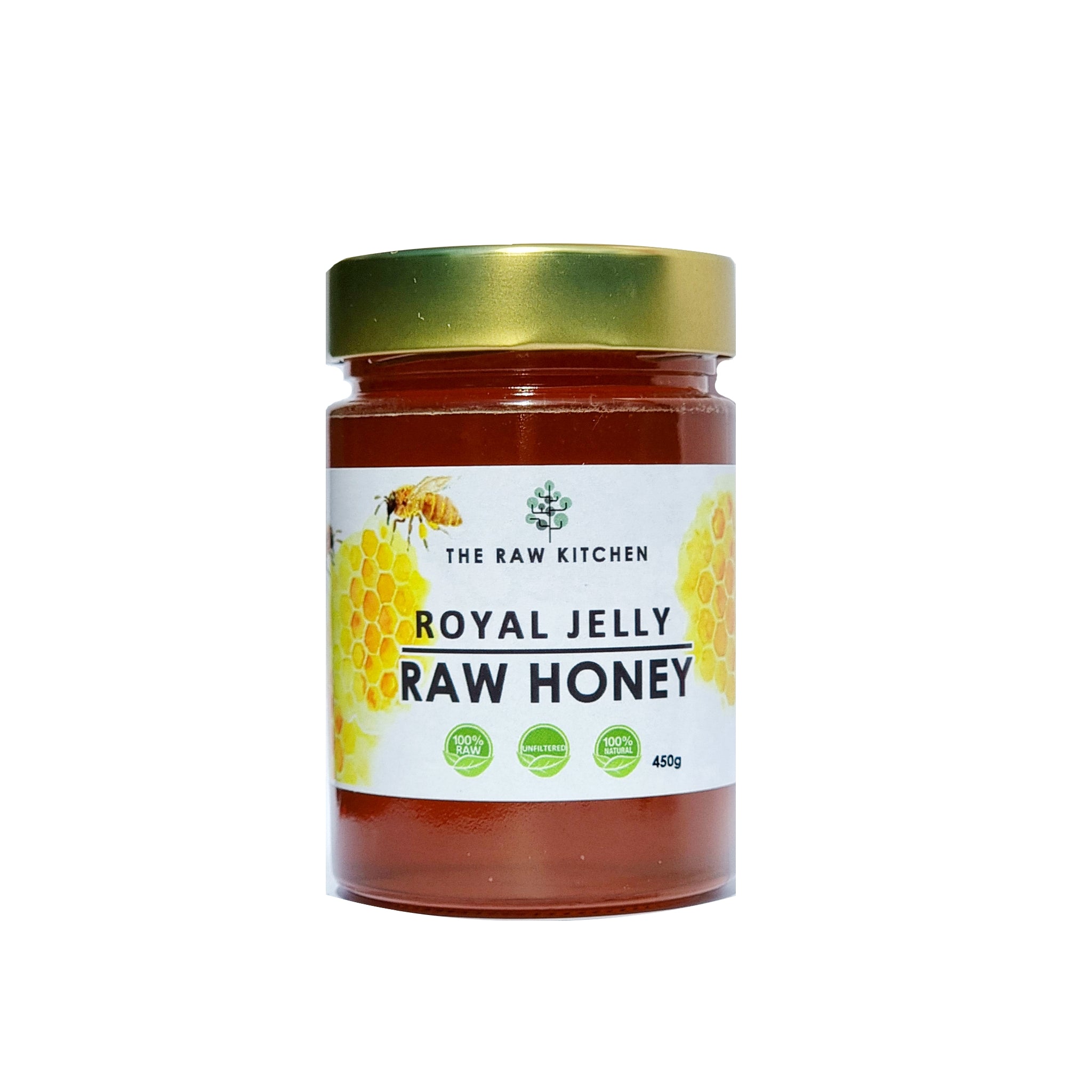 A 450g glass jar of Royal Jelly Infused Raw Honey with a gold lid and branded label - The Raw Kitchen UK.