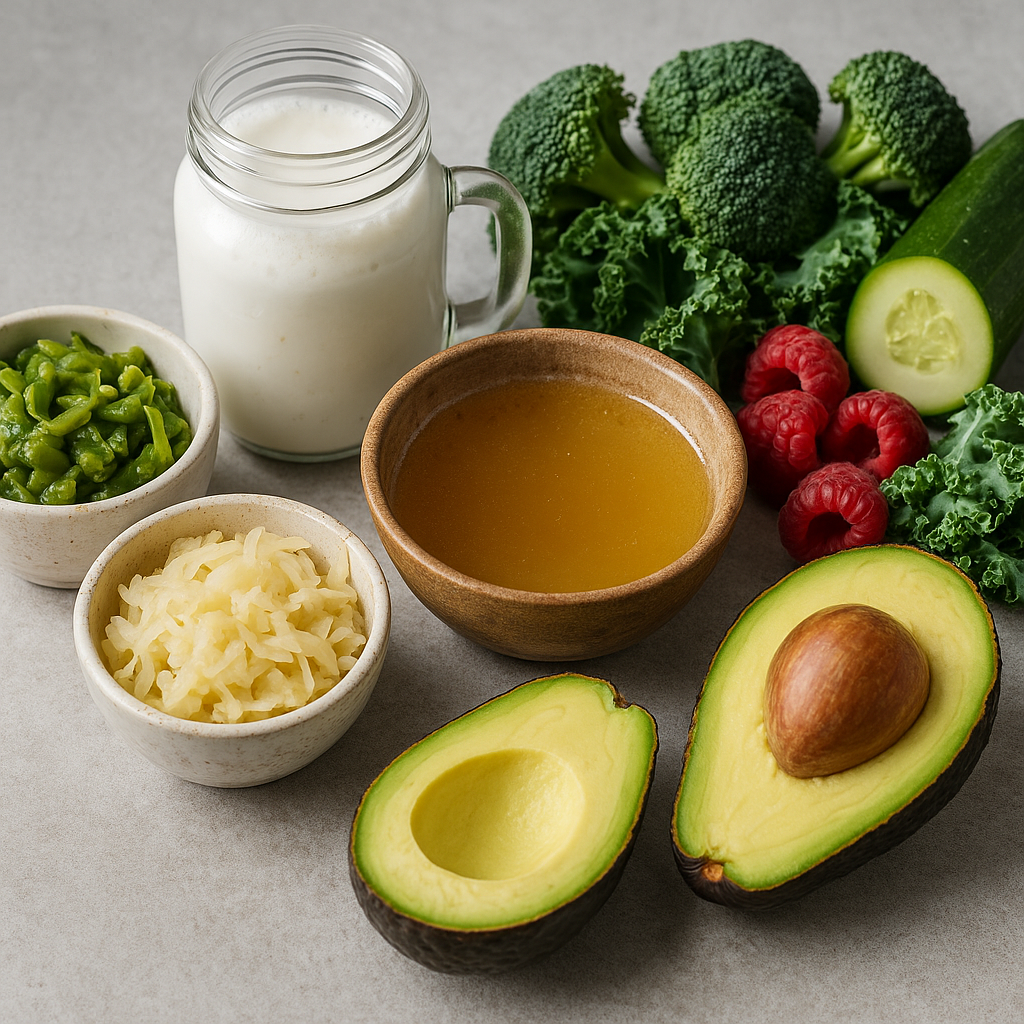 Flat-lay of gut-healthy foods like kefir, bone broth, and fresh vegetables, symbolising the gut-skin connection.