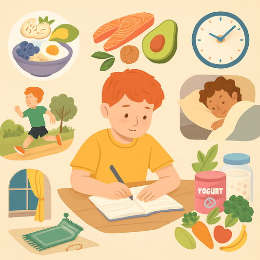 Flat-lay of a child’s study table with a healthy breakfast, books, and crayons—symbolising natural ways to support focus and learning.