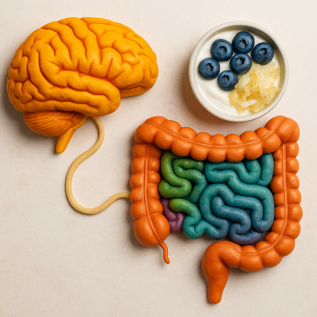 an image of a brain, intestines and some blueberries on a plate