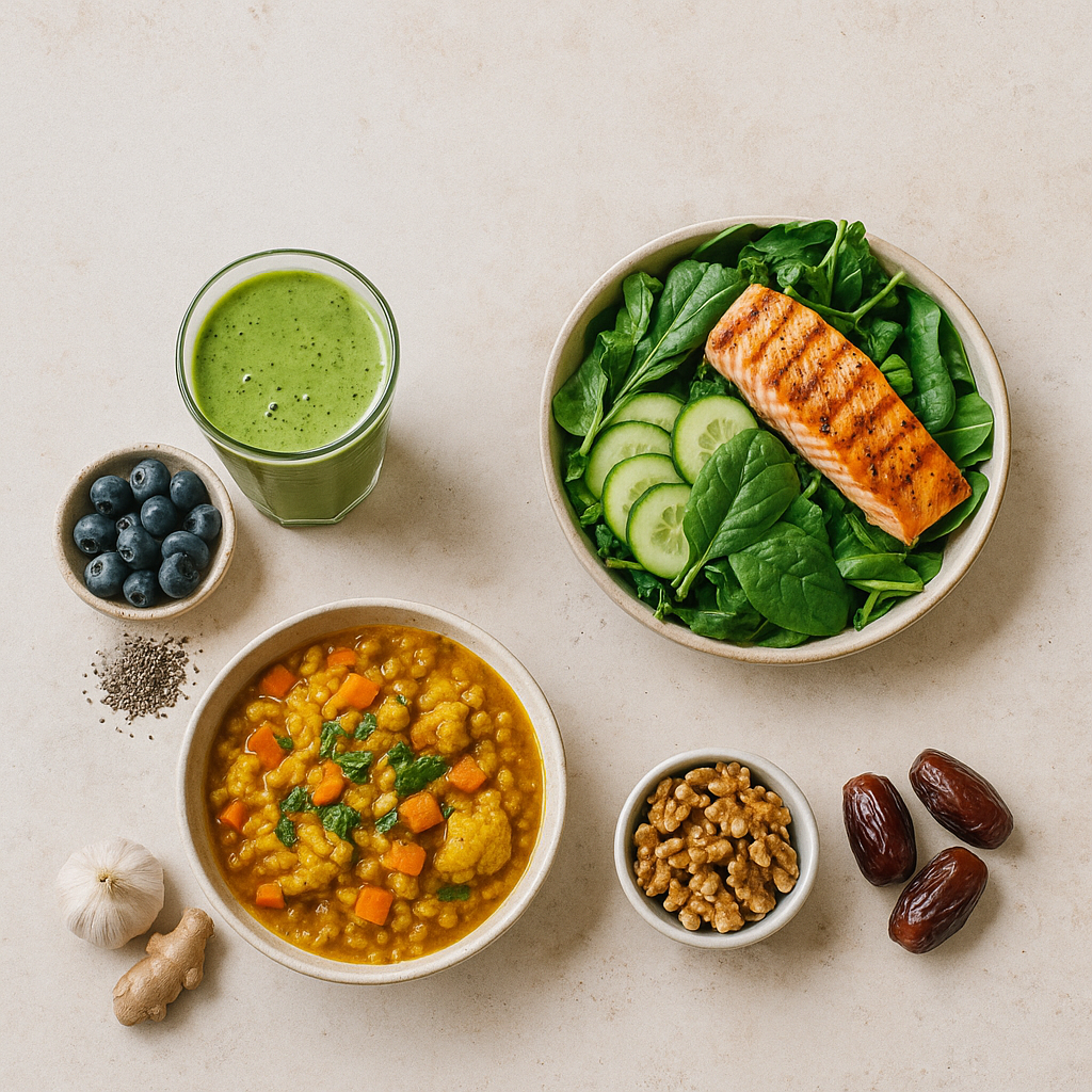 a top down view of different anti-inflammatory foods on a cream background