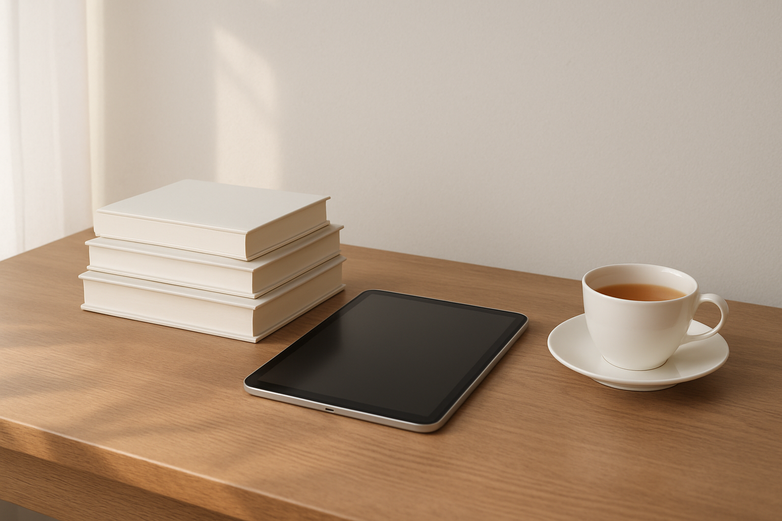 Stack of books and digital tablet on a wooden desk with a cup of tea, styled clean and minimal for wellness learning resources.