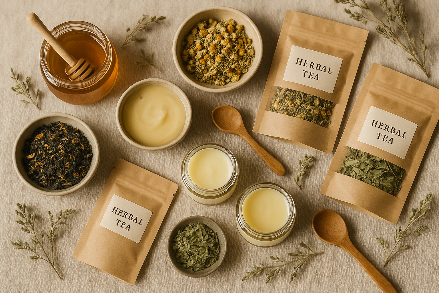 Flatlay of assorted natural wellness products including raw honey, herbal teas, and skincare, styled together in earthy neutral tones.