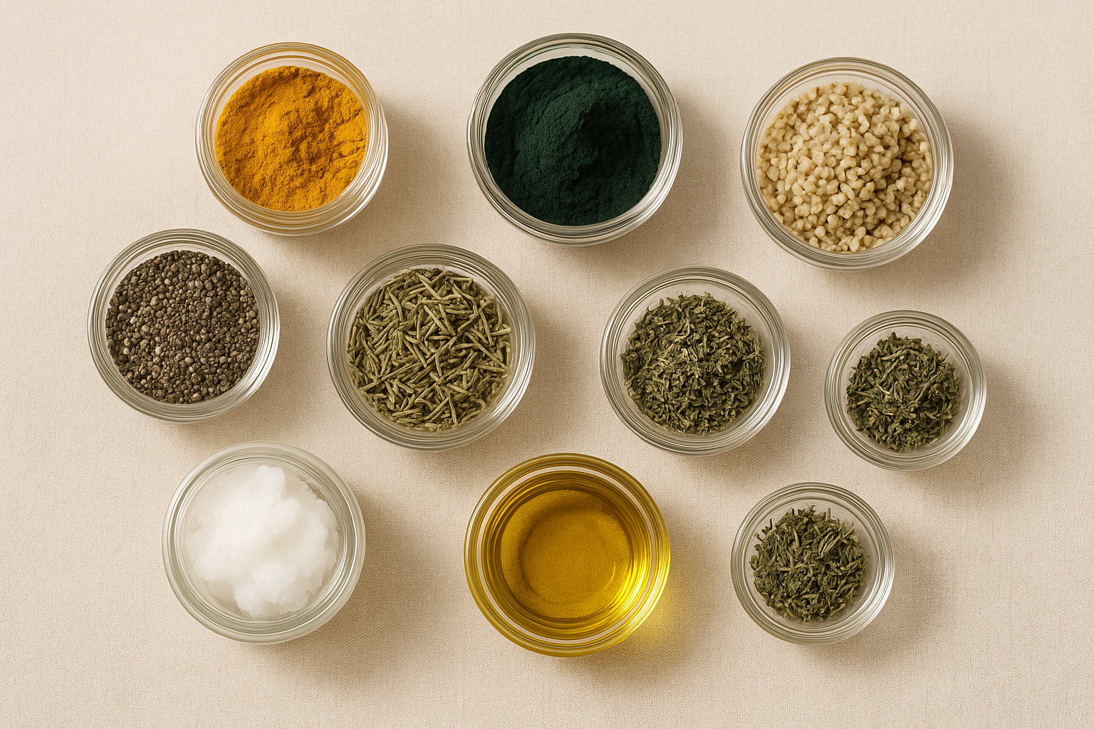 Superfood powders, seeds, and herbal tonics in glass jars and bowls, styled flatlay with earthy organic tones for natural nutrition.