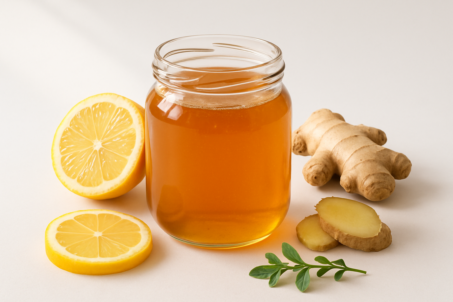Organic infused honey with lemon slices, ginger, and herbs on a clean background, highlighting natural flavour and wellness benefits.