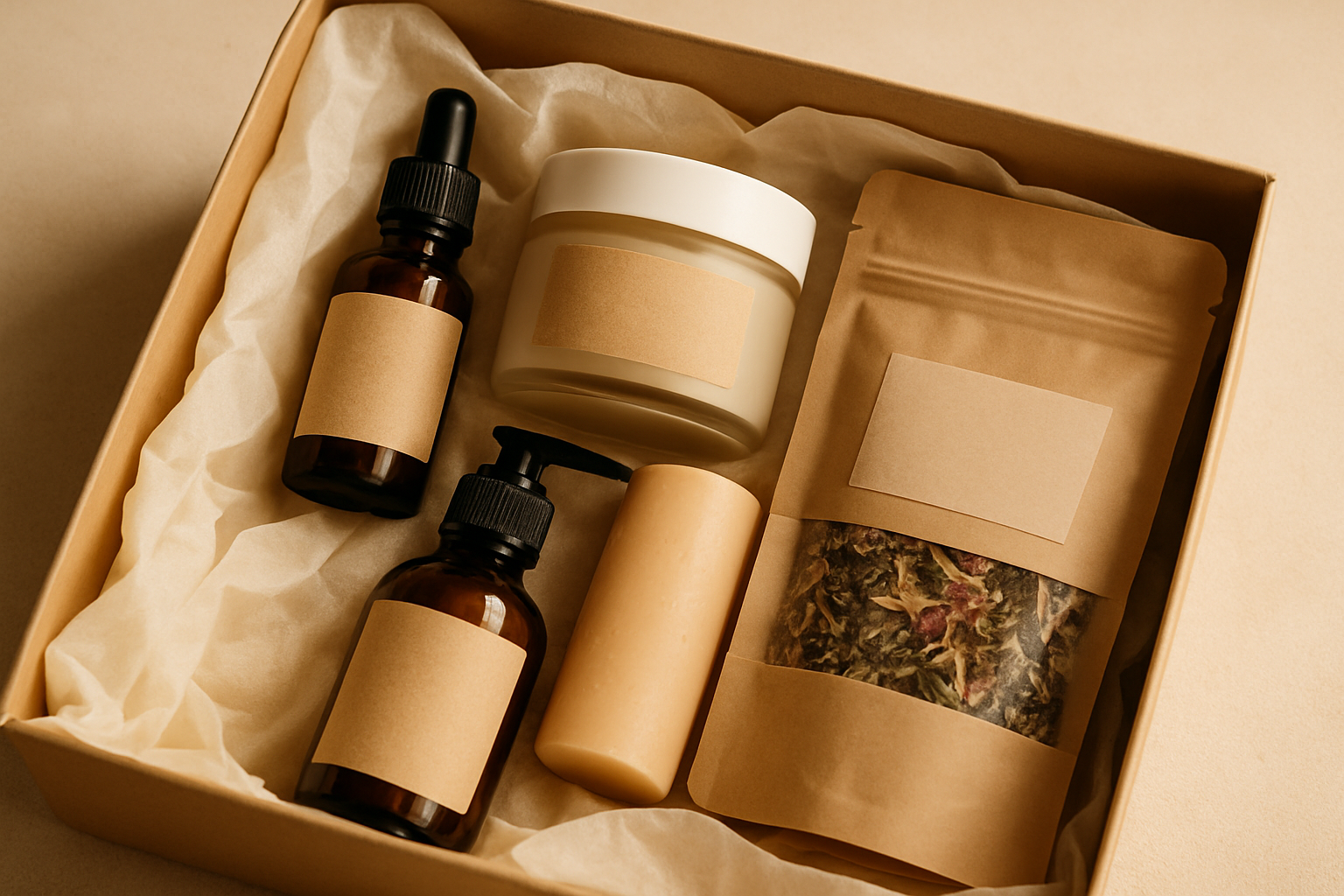 Curated wellness bundle in a simple kraft gift box with honey jars, teas, and skincare, styled with warm natural tones for gifting.