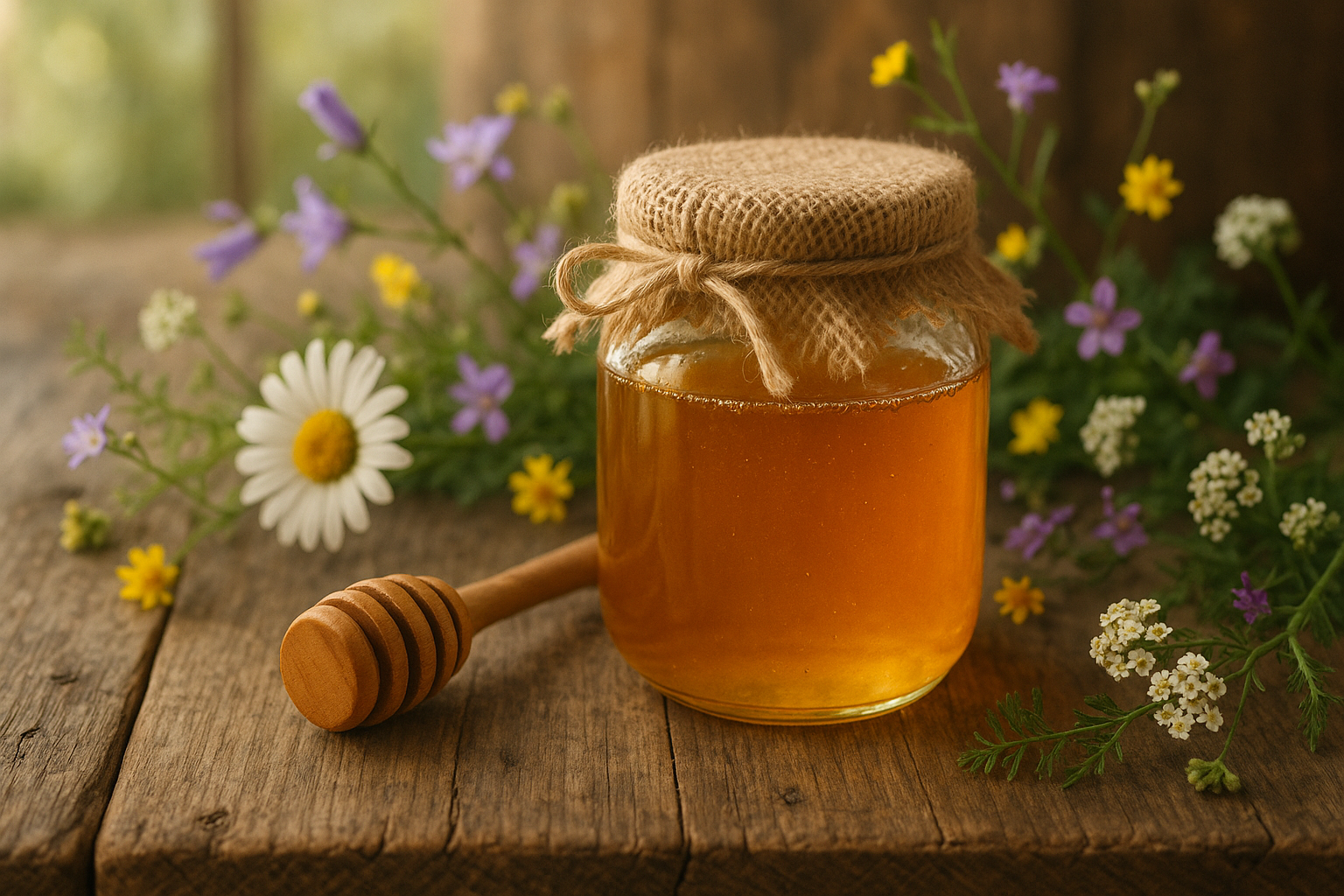 Golden raw honey in a glass jar with a honey dipper, styled on a wooden table with wildflowers and natural light — pure, unprocessed honey.