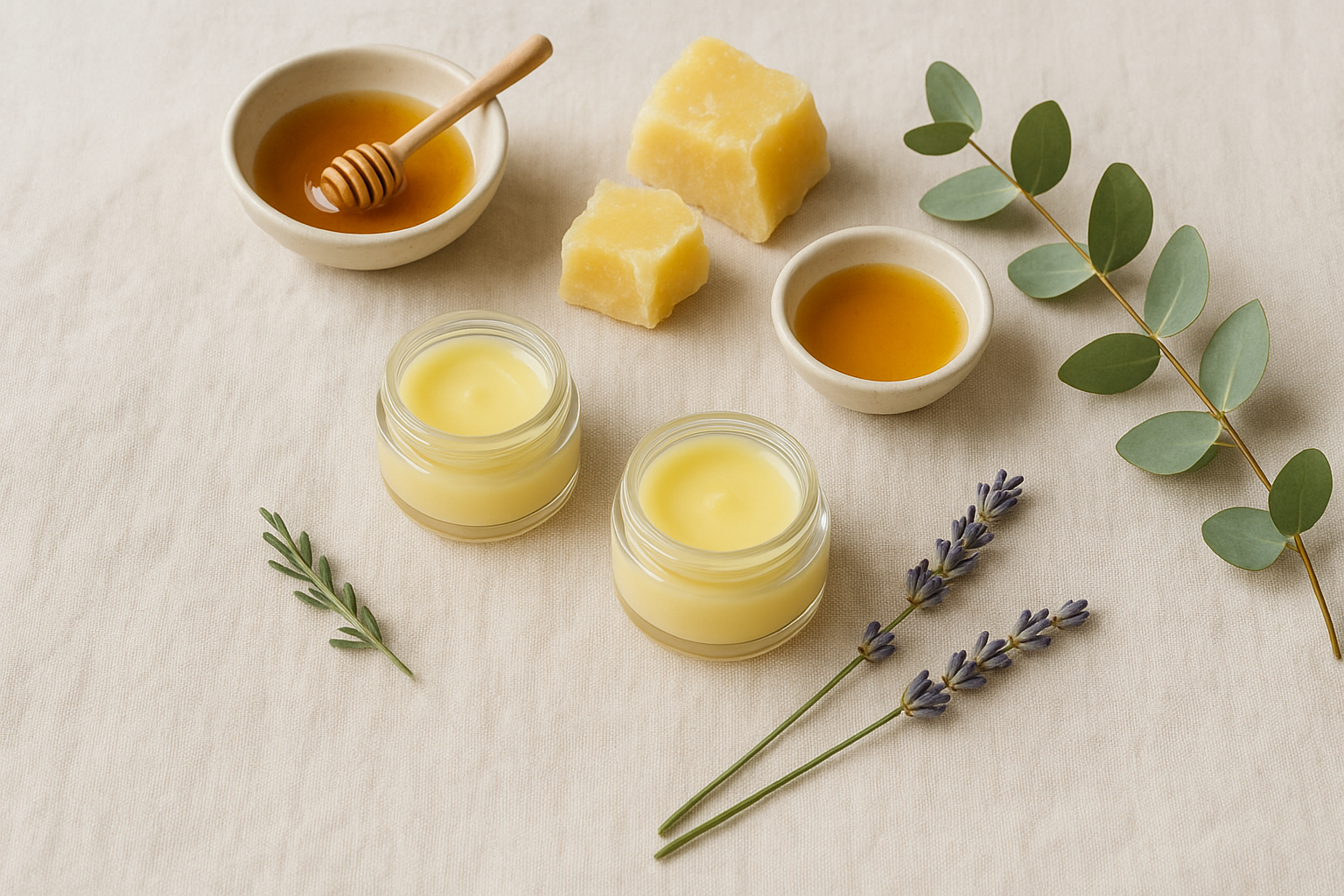 Natural skincare balms and creams with honey, beeswax, and fresh botanicals, displayed on linen in a minimalist holistic style.