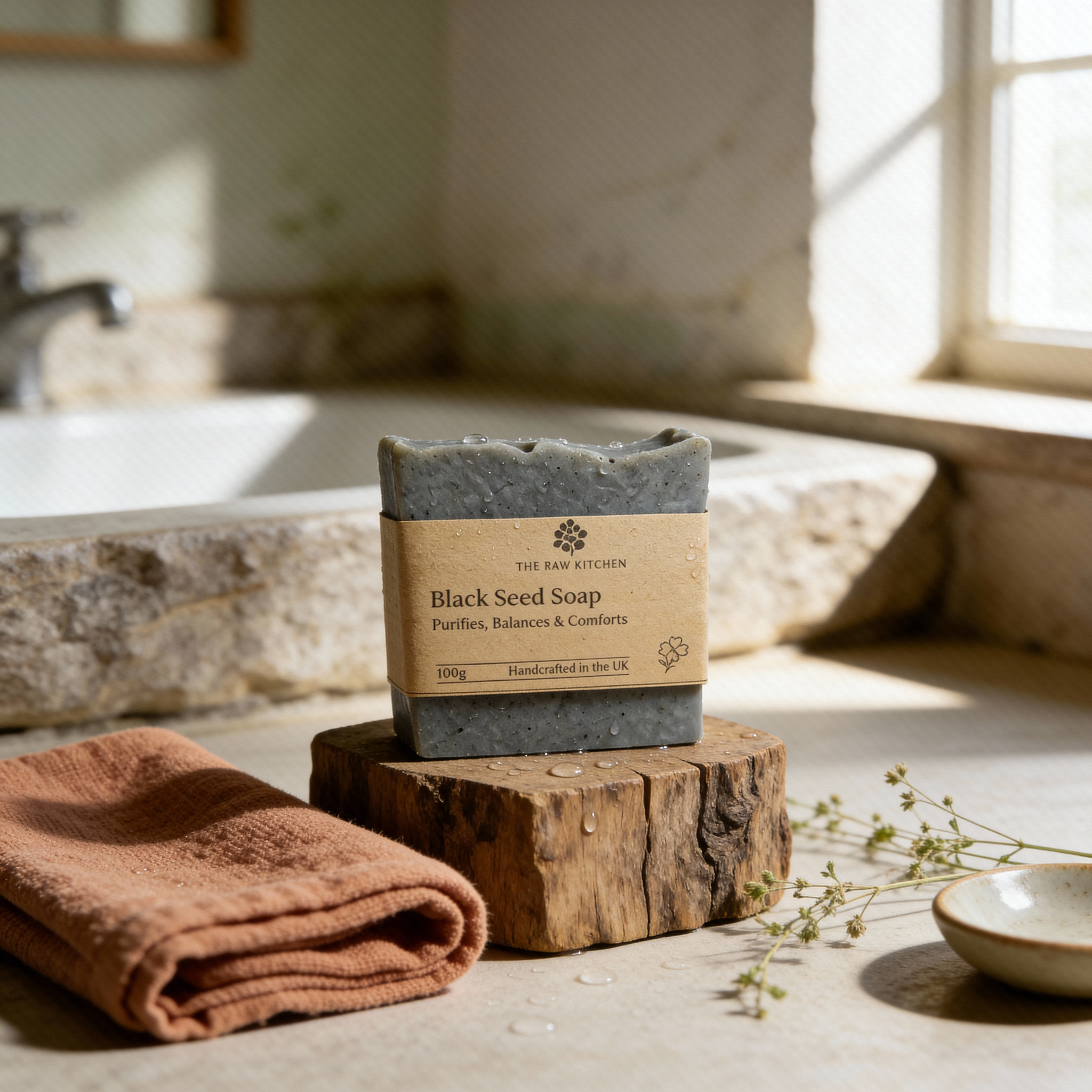 black seed soap sitting on a wooden block in a bathroom