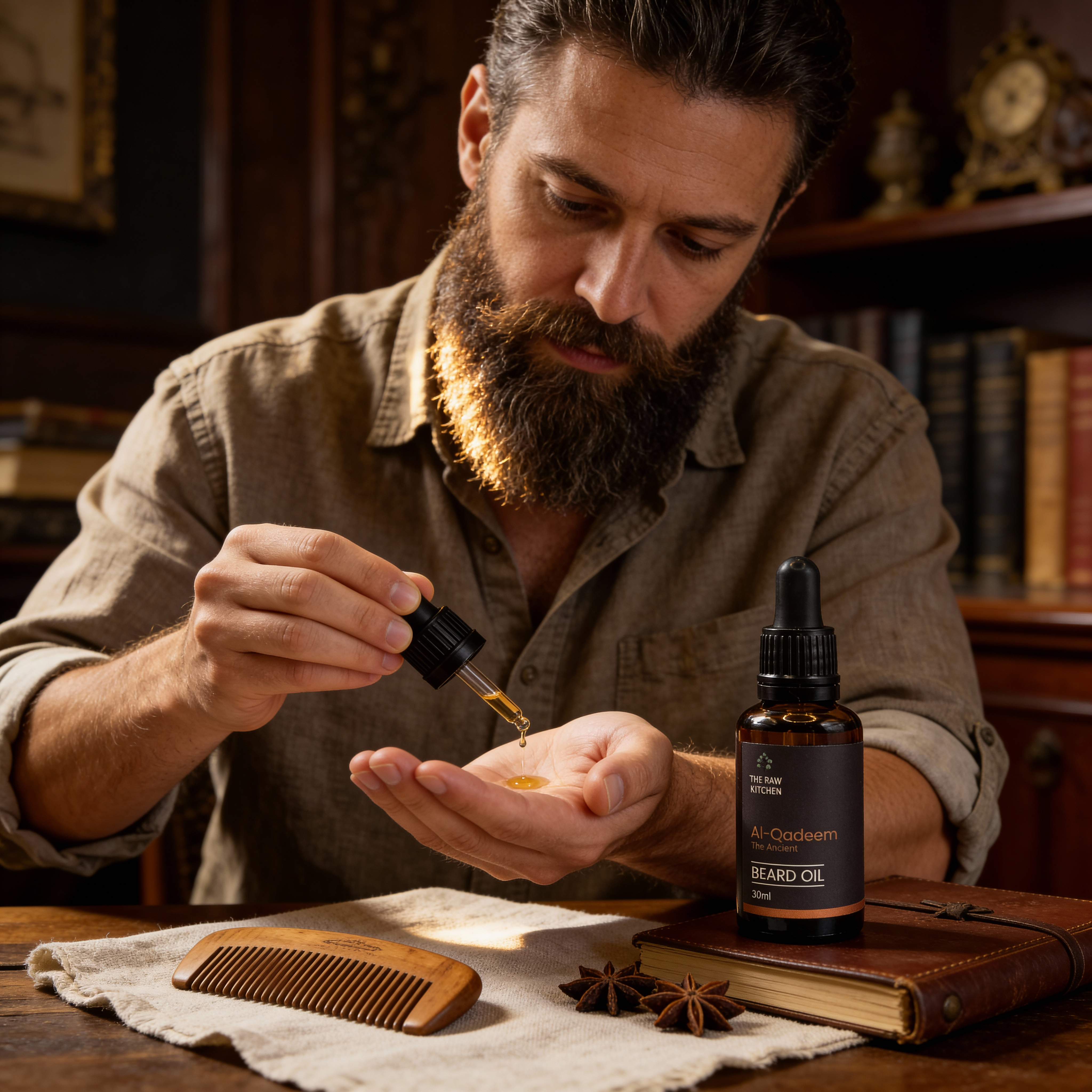 Man applying beard oil from a dropper bottle to his palm with a bottle of beard oil on a table.