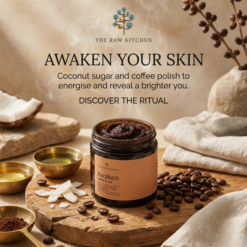 Skincare product with coffee beans and coconut on a wooden surface, branded 'The Raw Kitchen'.