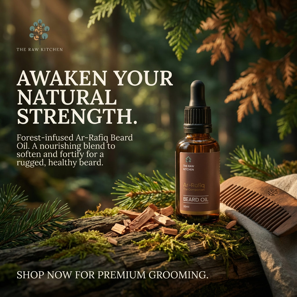 Bottle of Ar-Rafiq Beard Oil with text 'Awaken Your Natural Strength' on a natural background.