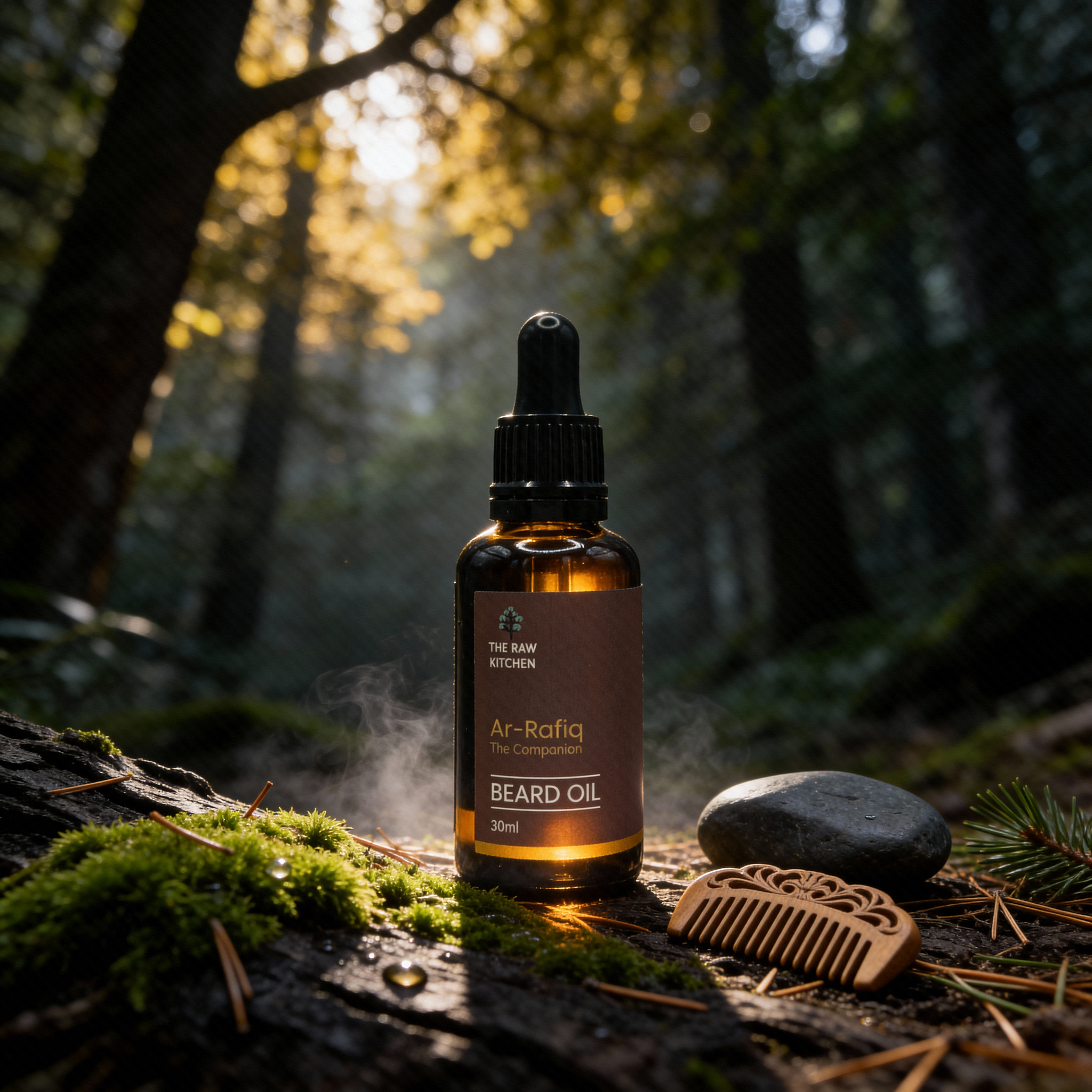Bottle of Ar-Rafiq beard oil on a log in a forest setting