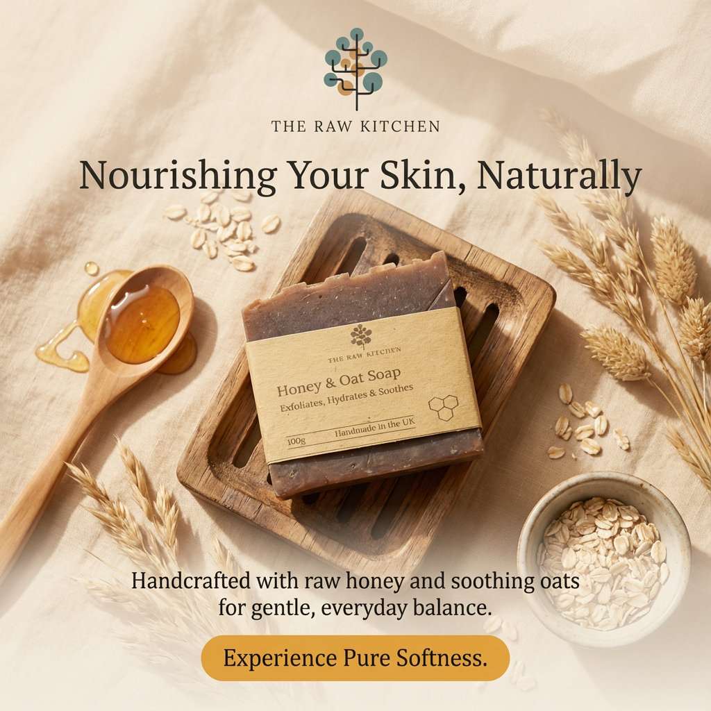 Honey and oat soap bar on a wooden tray with honey, oats, and wheat stalks, branded 'The Raw Kitchen'.