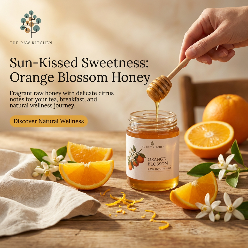 Orange blossom honey being drizzled from a wooden dipper with oranges and flowers on a wooden surface.