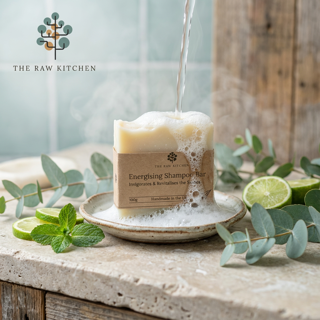 Energising Shampoo Bar from The Raw Kitchen with limes and eucalyptus on a rustic surface.