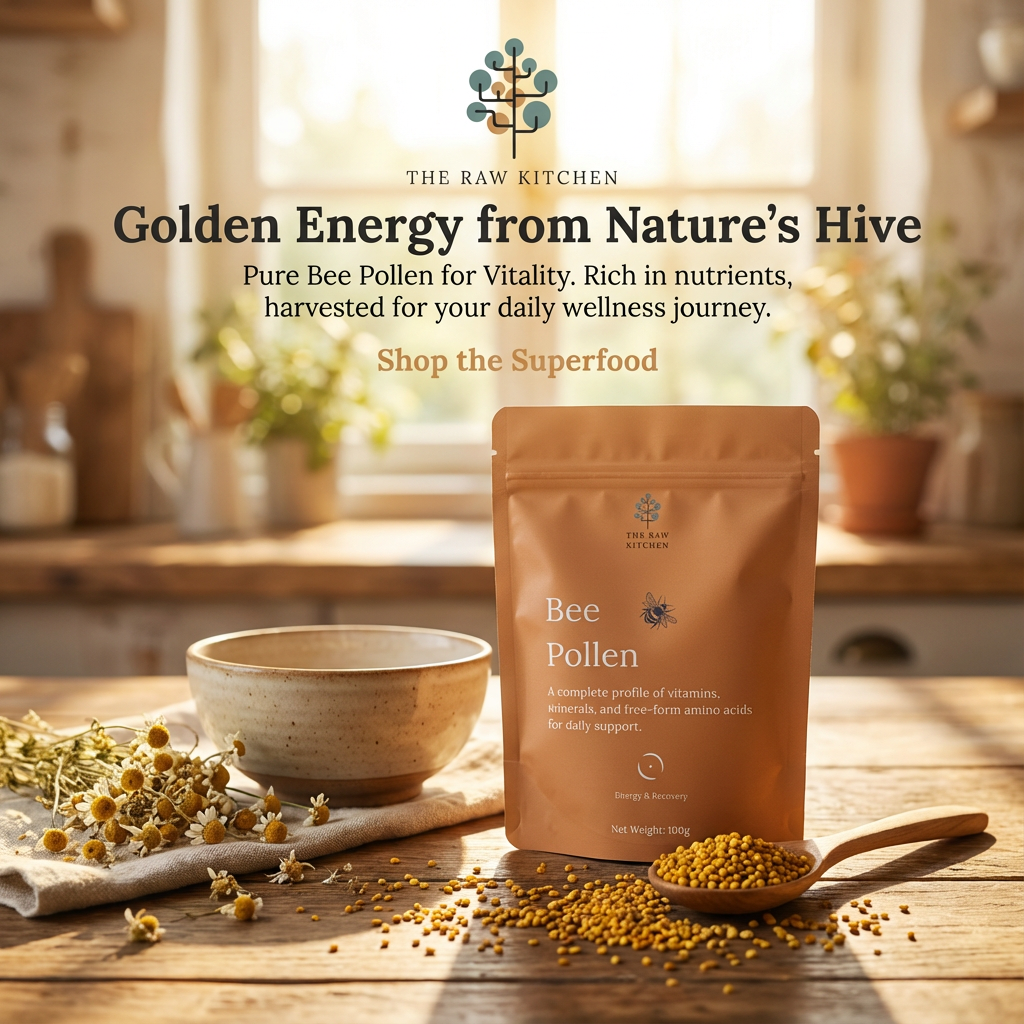 Bee Pollen package with a kitchen background, promoting 'The Raw Kitchen' brand.