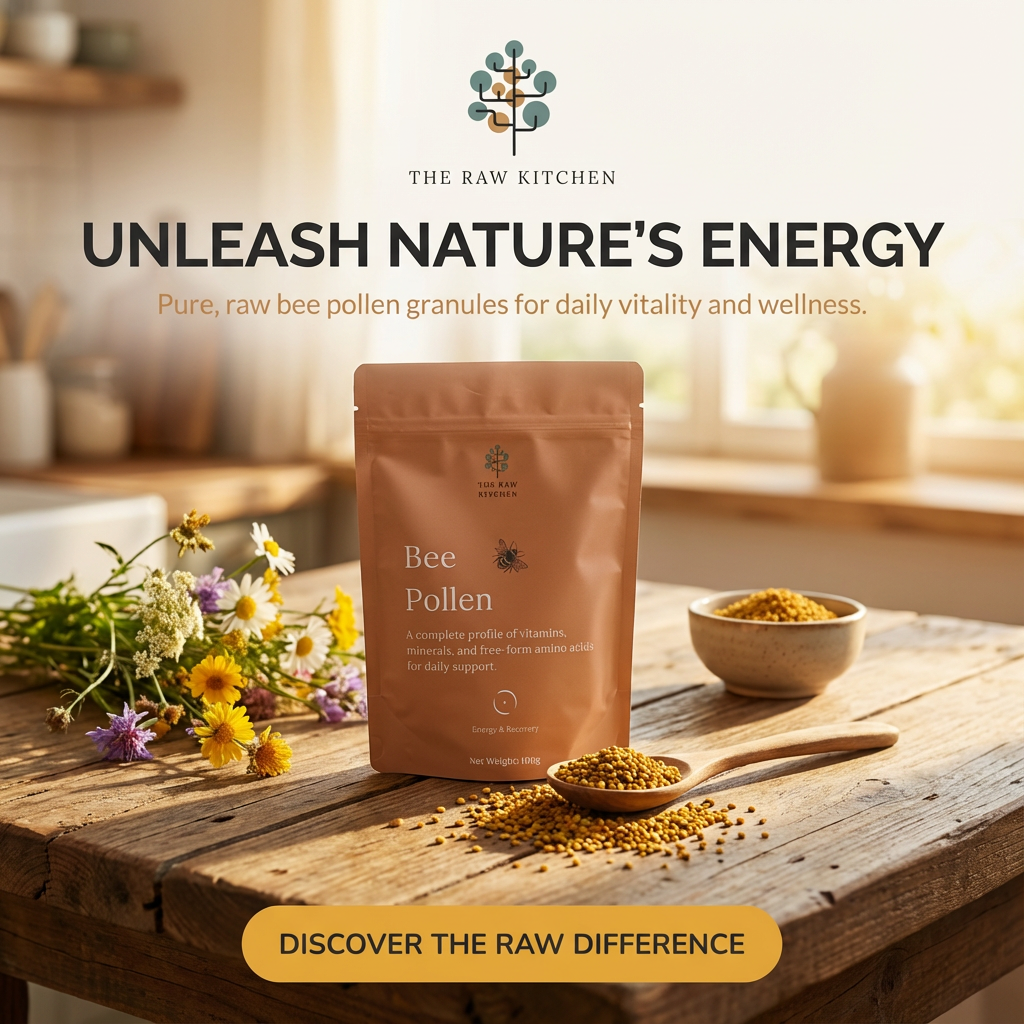 Bee pollen package on a wooden table with flowers and a bowl of pollen, branded 'The Raw Kitchen'.