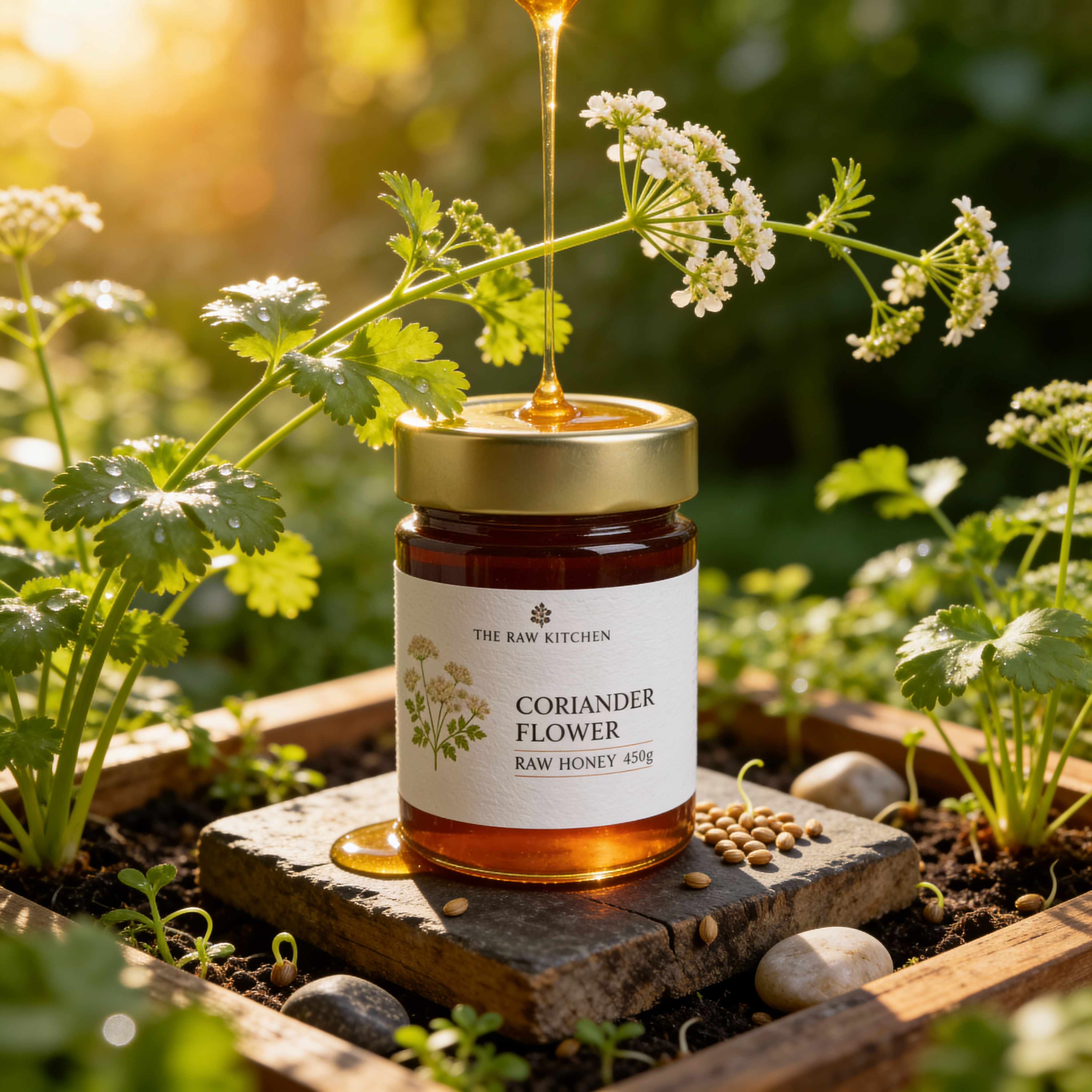 Jar of Coriander Flower honey with honey being drizzled over coriander flowers in a garden setting.