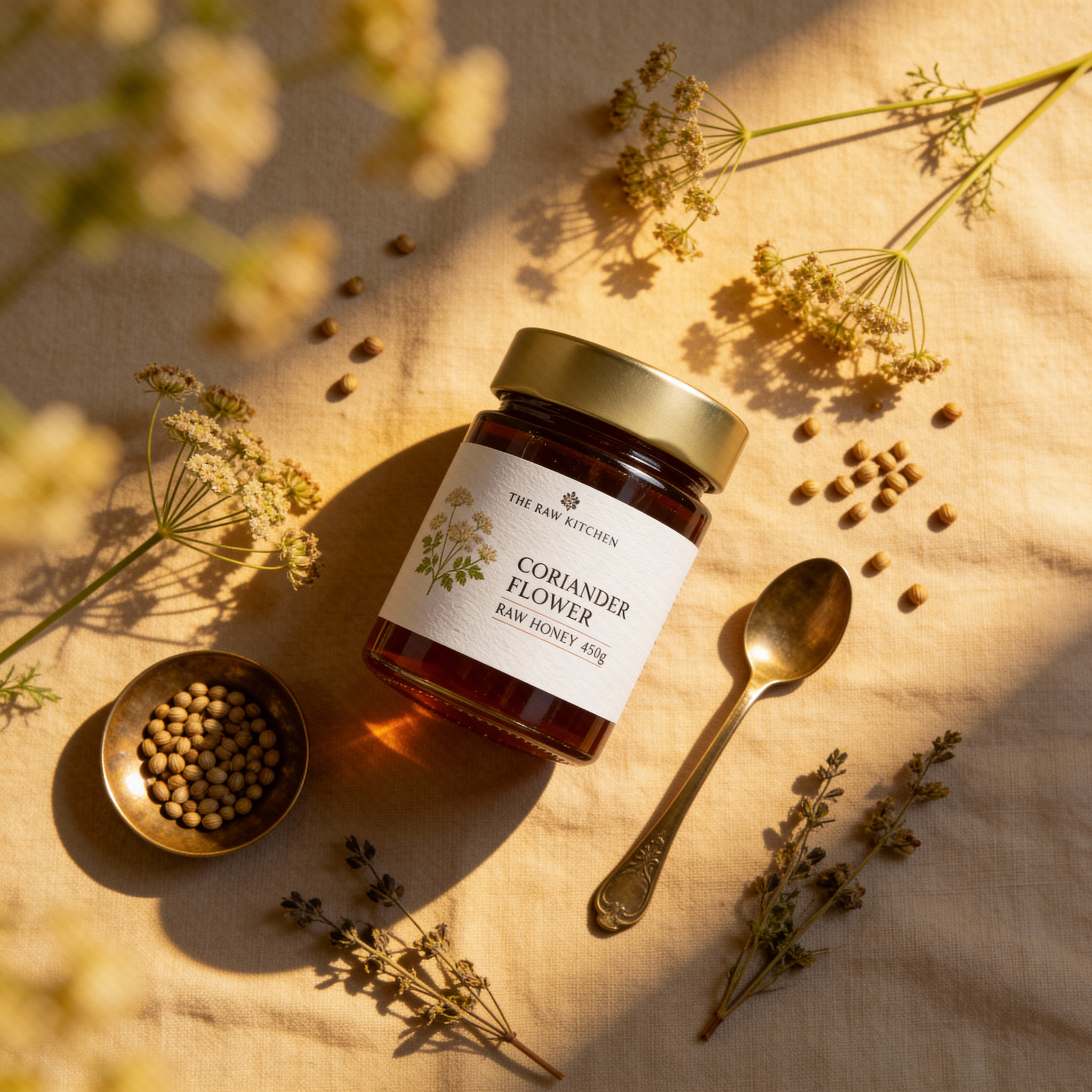Jar of Coriander Flower honey with herbs and a spoon on a textured surface