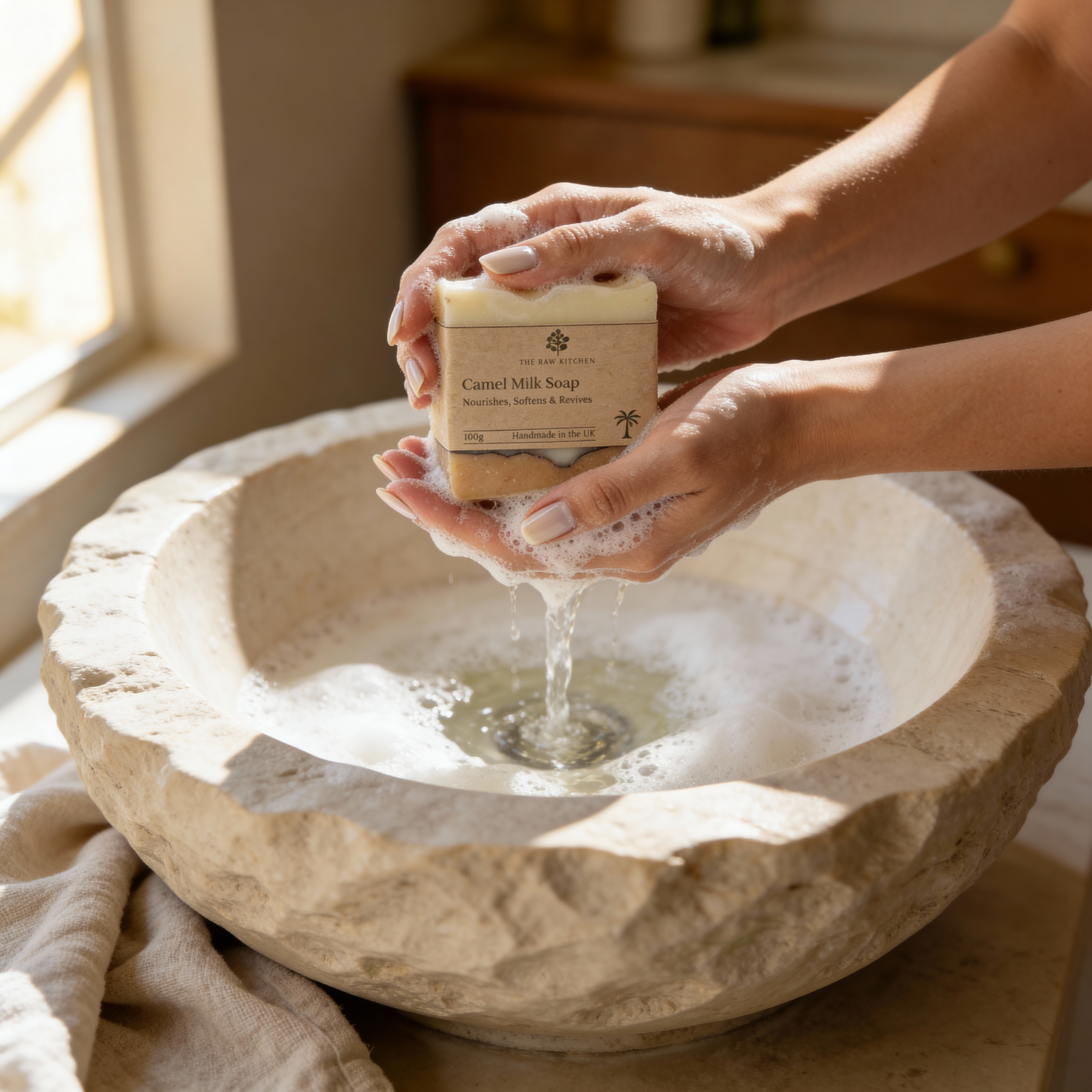 Person holding a bar of soap over a stone sink with water flowing.
