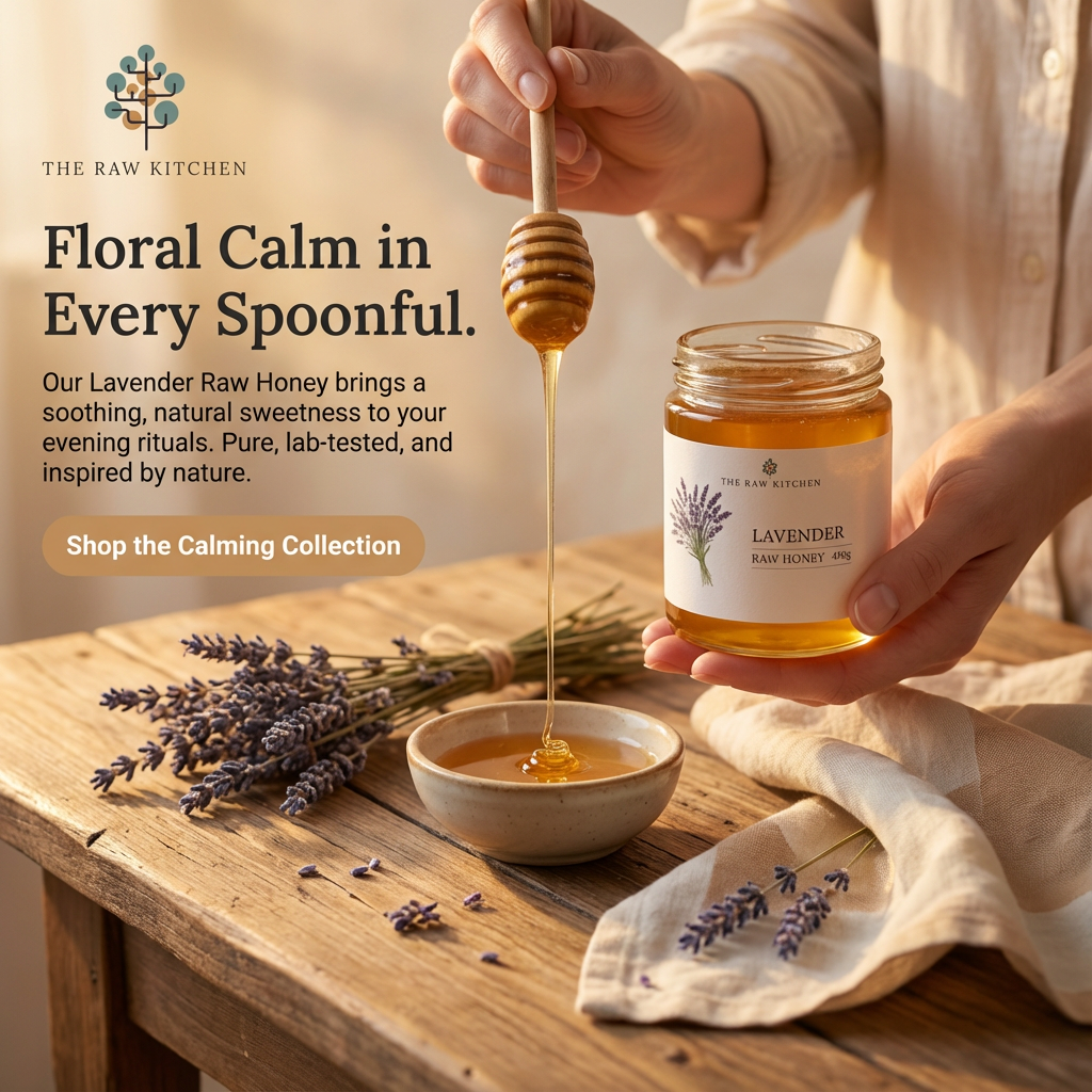 Person pouring lavender honey from a jar into a bowl with a honey dipper, surrounded by lavender flowers on a wooden surface.