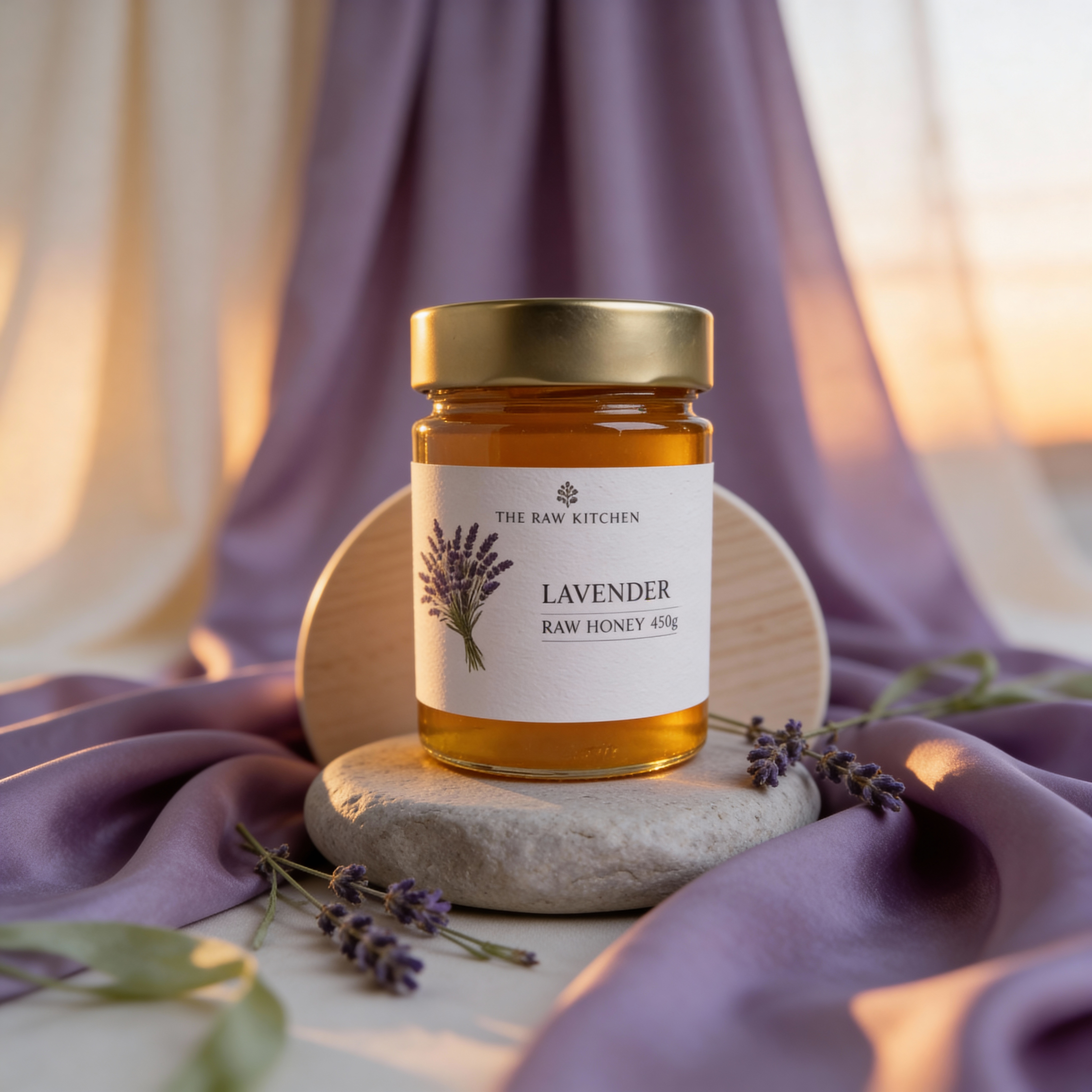 Jar of lavender raw honey on a stone surface with a soft, blurred background