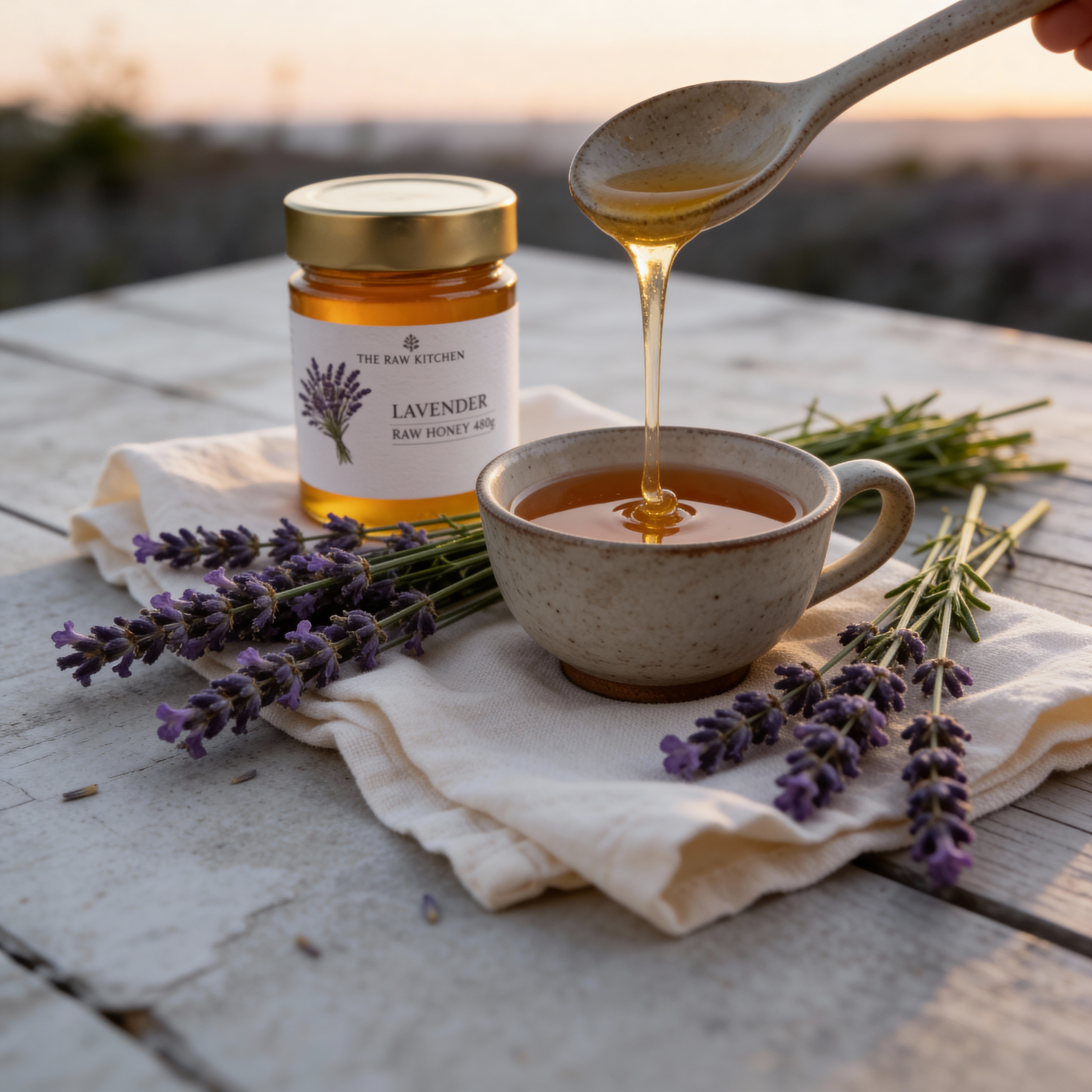 Honey being drizzled from a spoon into a cup with lavender flowers and a jar of honey on a wooden surface.