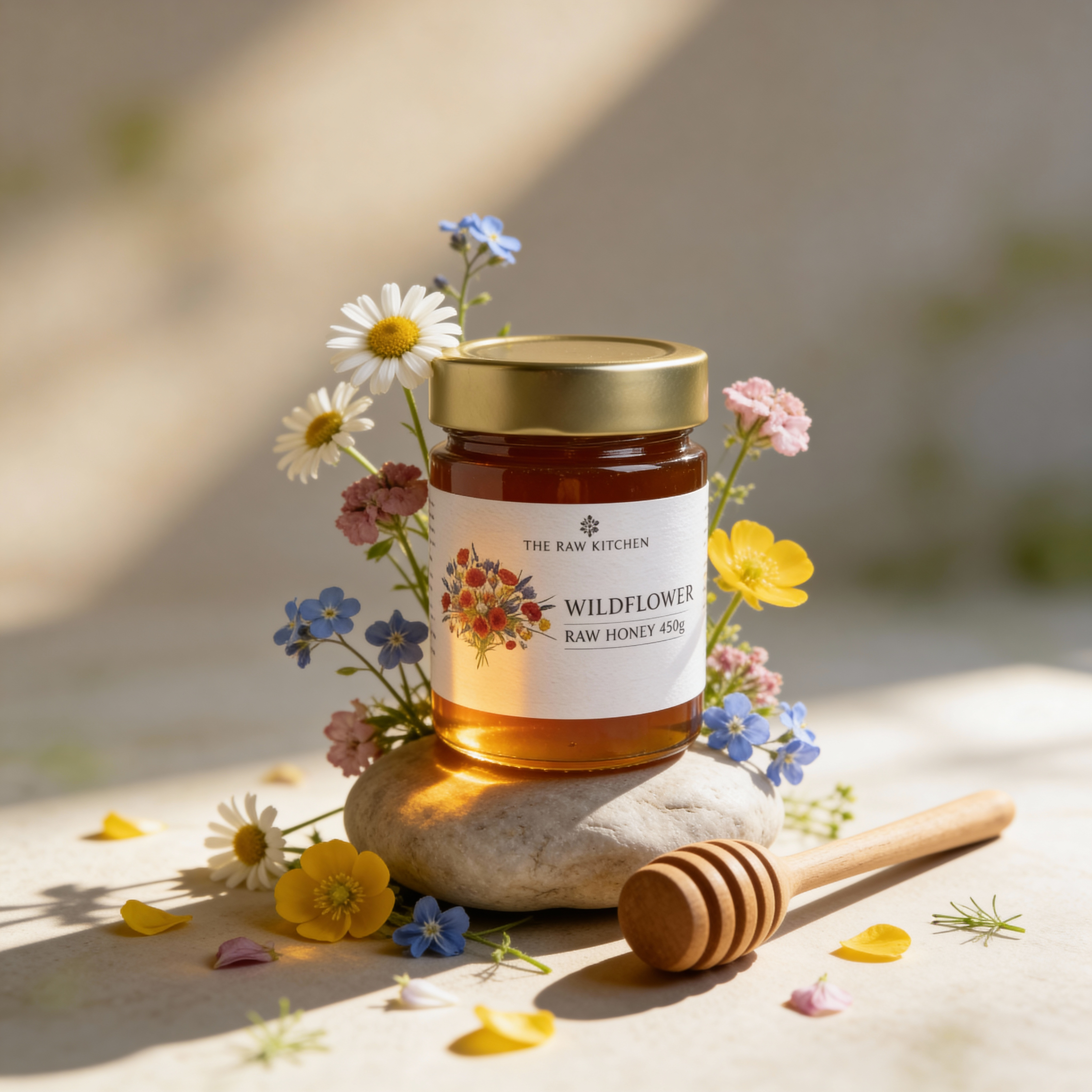 Jar of wildflower honey with flowers and a honey dipper on a stone surface
